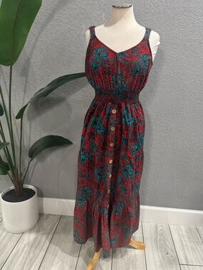 Red Floral Maxi Dress with Teal Accents
